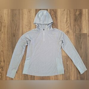 Light Blue Half Zip Orvis Hooded Pullover With Pony Tail Slip